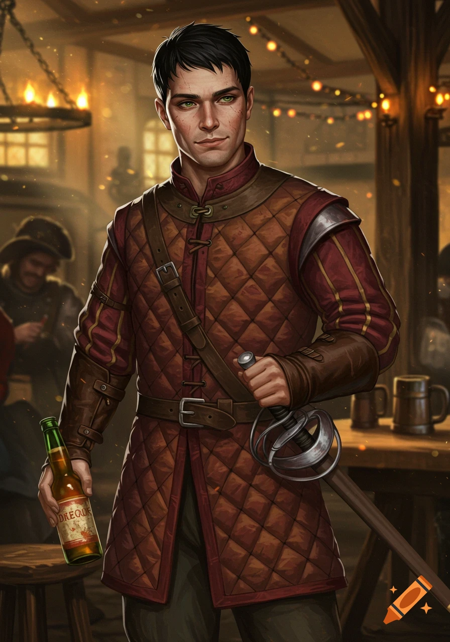 A young man with dark hair and green eyes, dressed in a quilted gambeson, holds a beer bottle and a rapier in a dimly lit tavern.