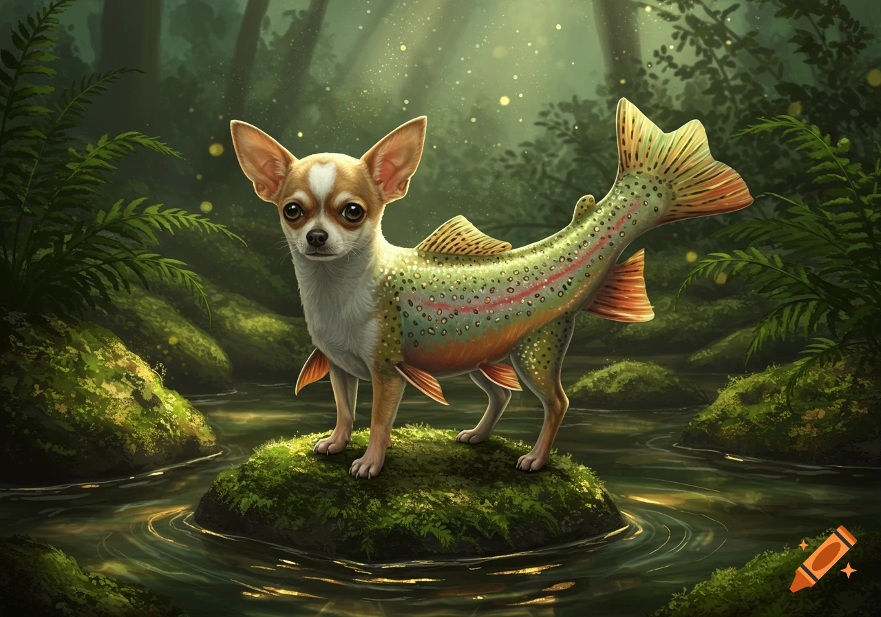 A curious chihuahua-trout hybrid stands on a mossy rock in a lush green forest stream.