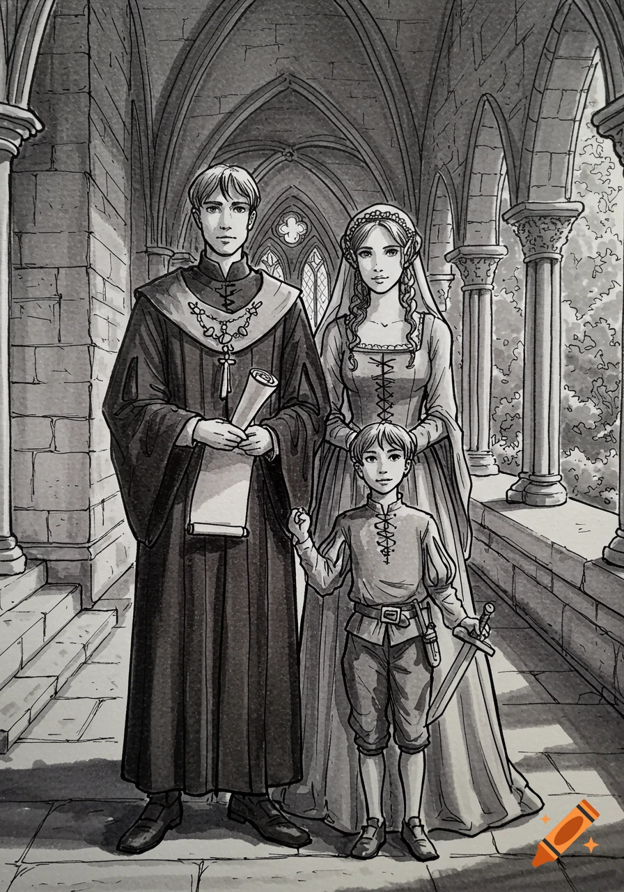 Black and white hand-drawn sketch of a medieval family: a man holding a scroll, a woman, and a young boy with a sword, standing in a gothic archway.