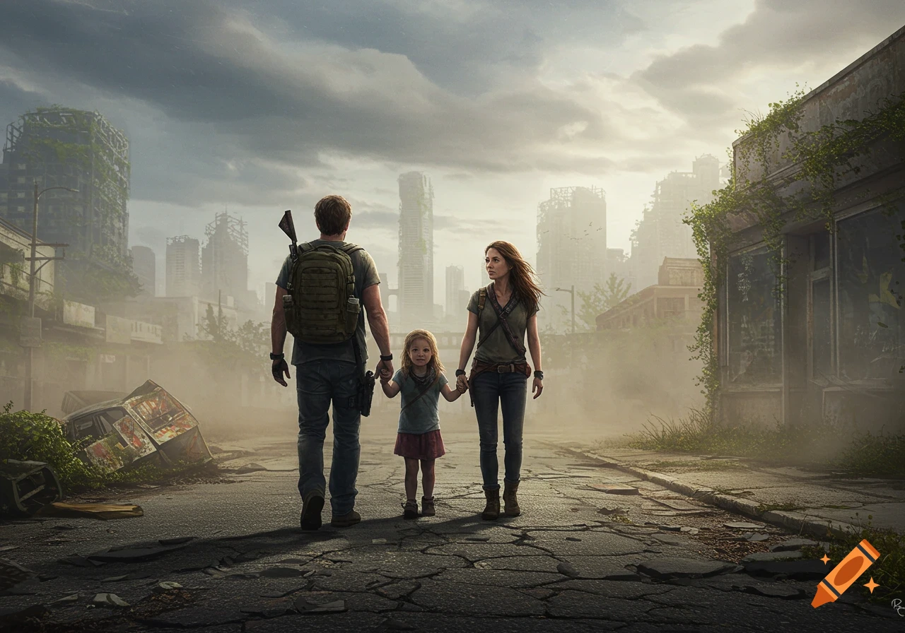 A family walks away on a cracked road through a desolate, overgrown city, with ruined buildings under a cloudy sky.