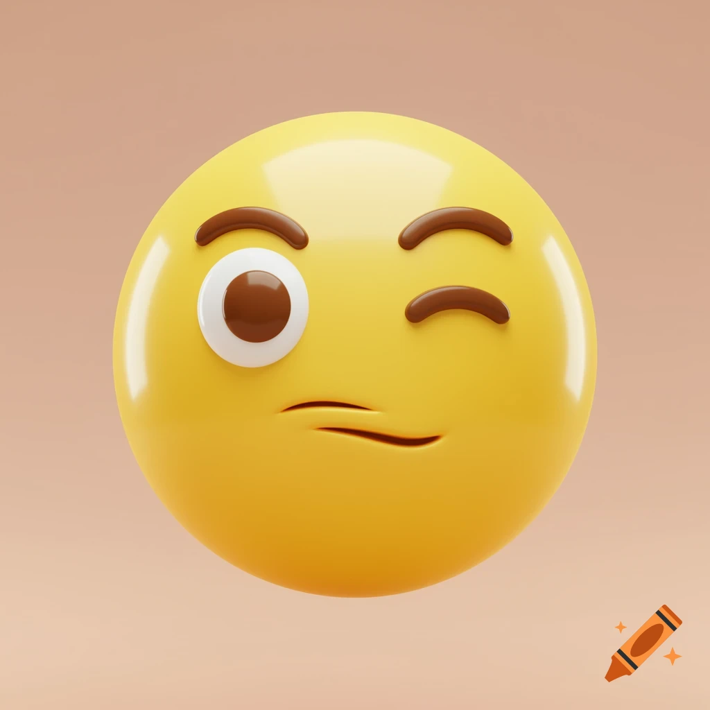 A bright yellow emoji winking with a single brown eye and furrowed brows, rendered in a glossy 3D style.