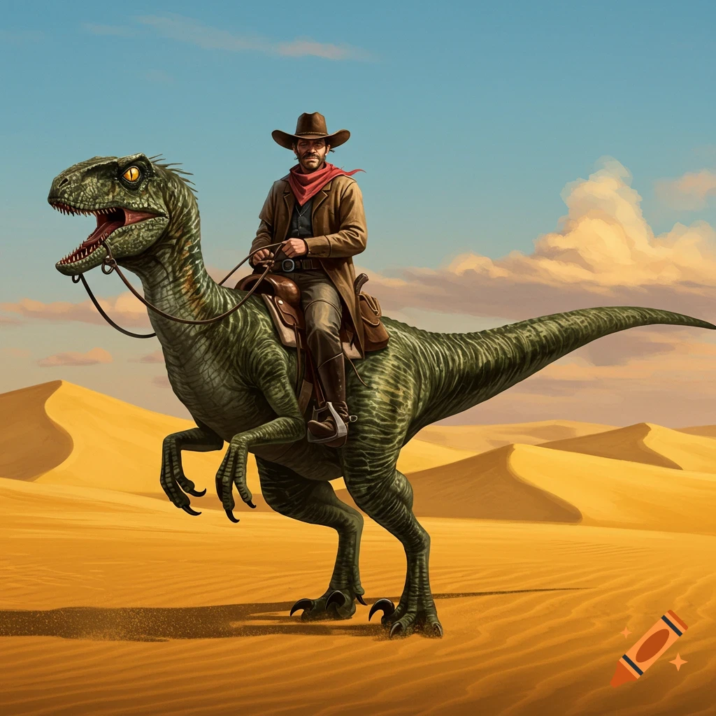 A rugged cowboy in a hat and duster coat rides a large green raptor through a vast desert with sand dunes under a clear blue sky.