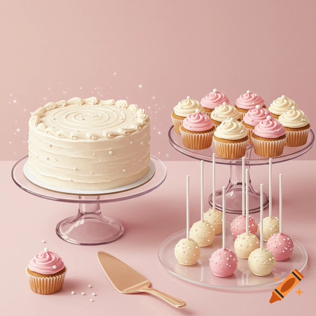 A white buttercream cake, pink and white cupcakes, and pink and white cake pops on stands, with a gold cake server, against a light pink background.