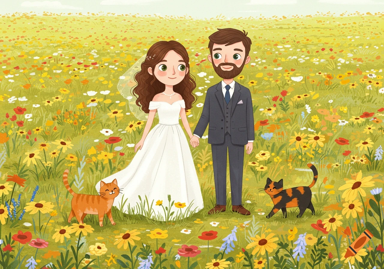 A cute cartoon illustration of a bride and groom holding hands in a colorful wildflower field with two cats.