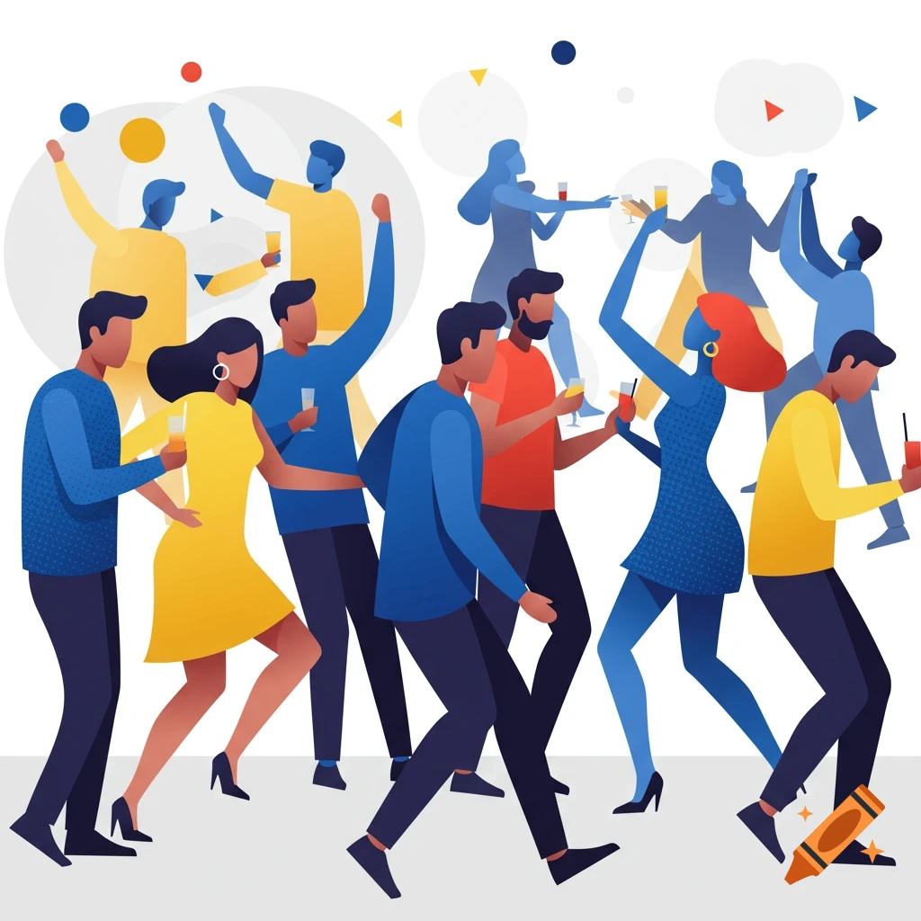 Flat vector illustration of a diverse group of people dancing and socializing at a vibrant party.
