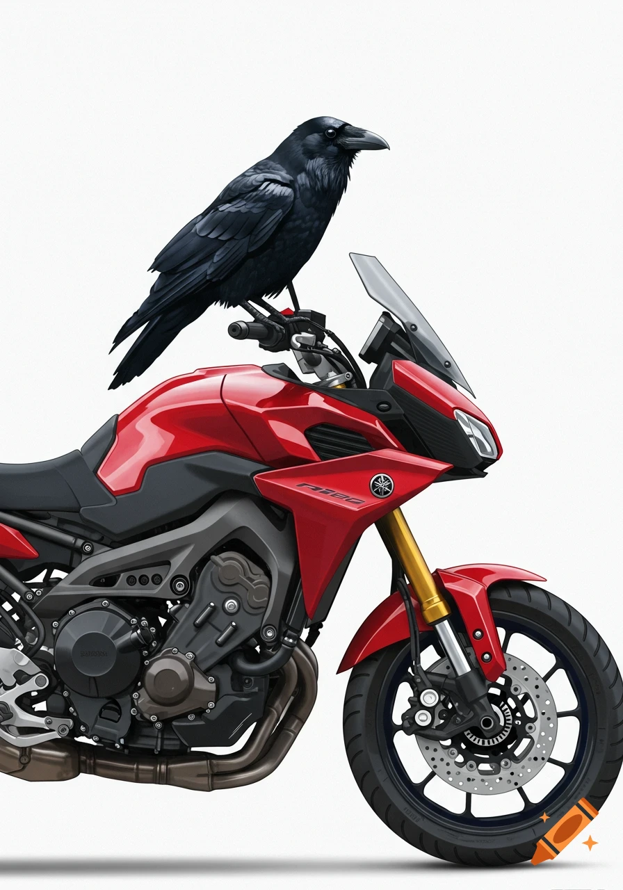 A black raven perches on the handlebars of a red Yamaha Tracer 9 GT motorcycle against a white background.