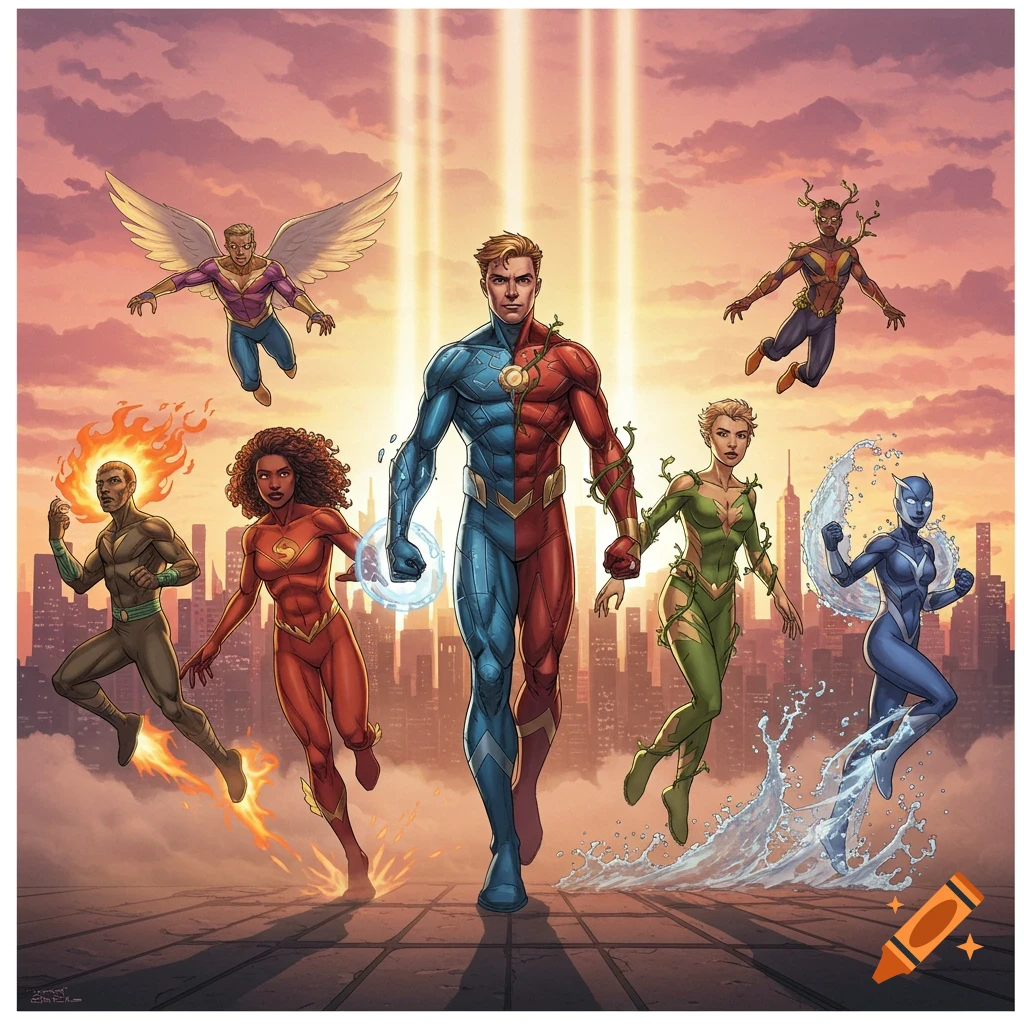 A group of diverse superheroes with various powers, including fire, water, vines, and flight, stand against a sunset city skyline in a comic art style.