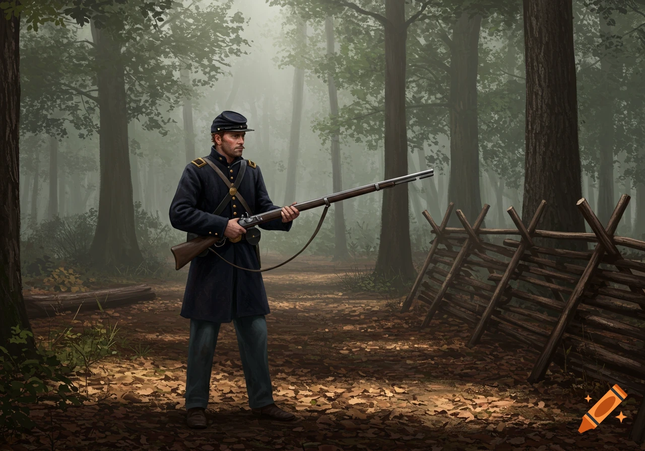 A photorealistic depiction of a Union Civil War soldier in a dark blue uniform holding a rifle, standing on picket duty in a foggy forest with a split-rail fence.