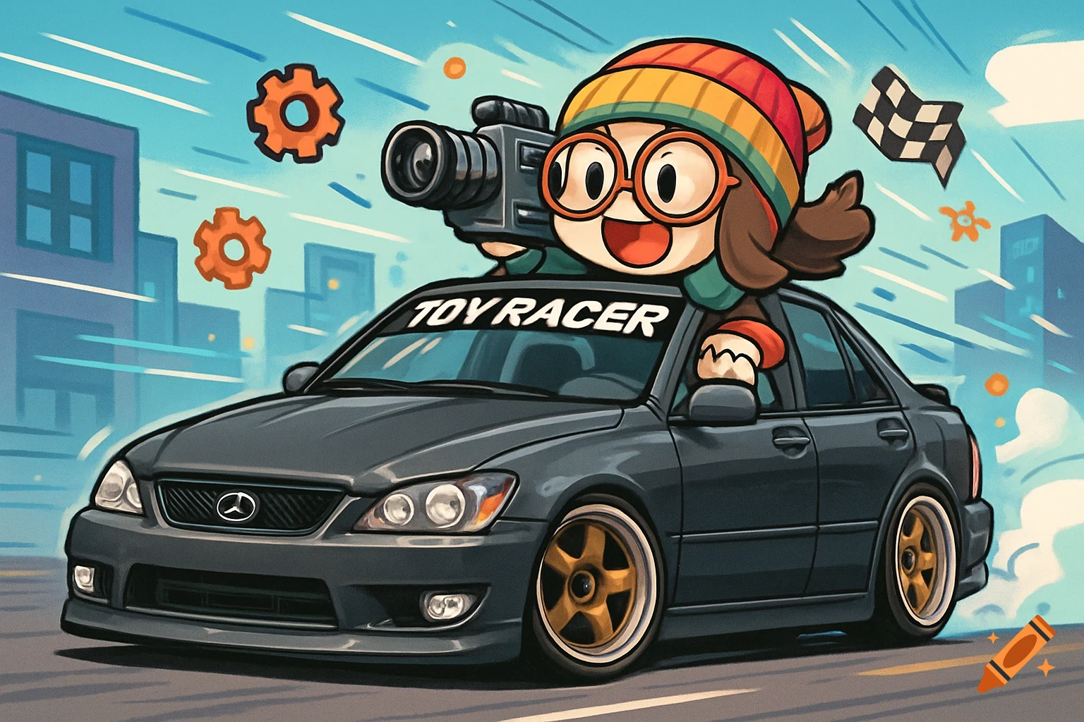 Cartoon chibi girl leans out of a grey modified Lexus IS300, holding a camcorder, on a road with city buildings in background.
