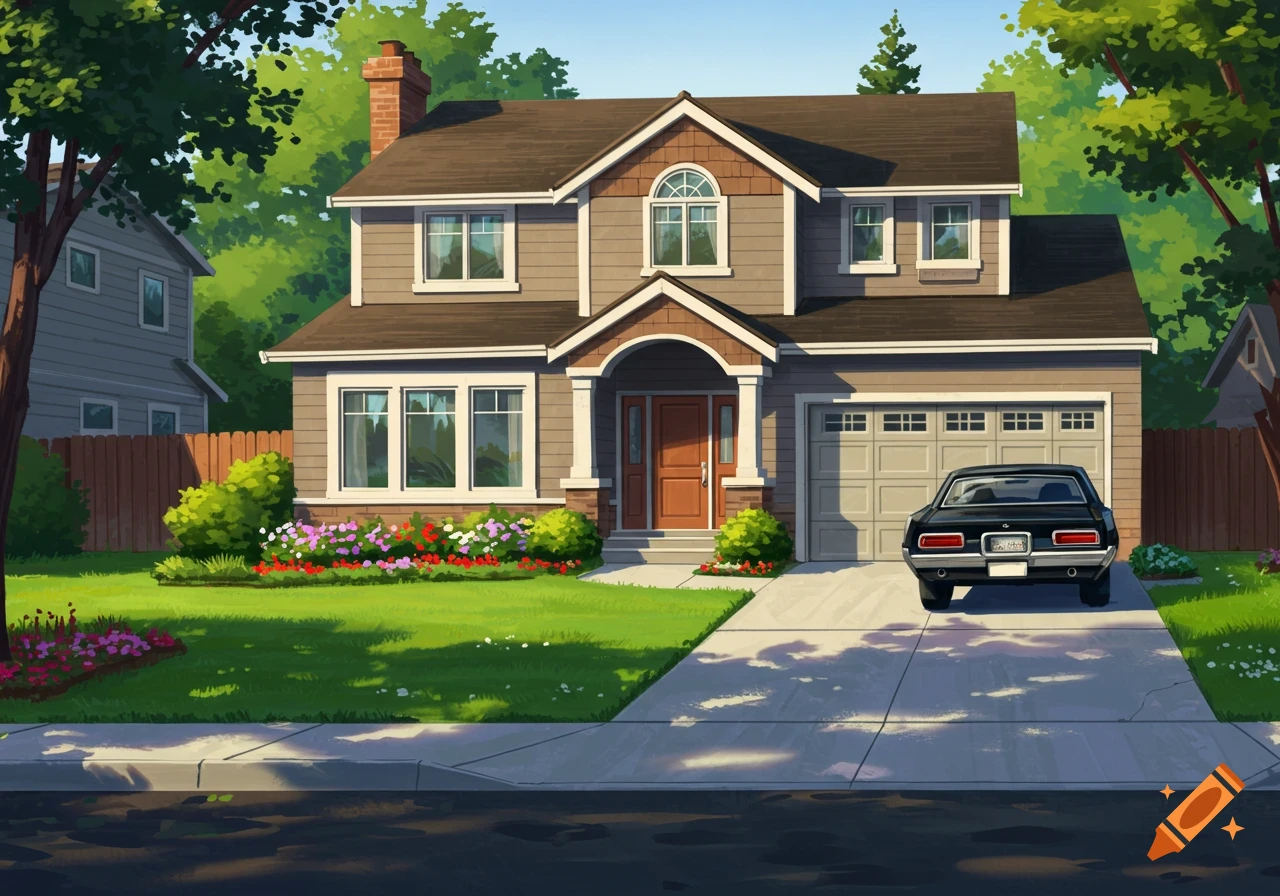 A cartoon-style image of a brown suburban house with a front yard, a long driveway, and a black classic car parked in the driveway.