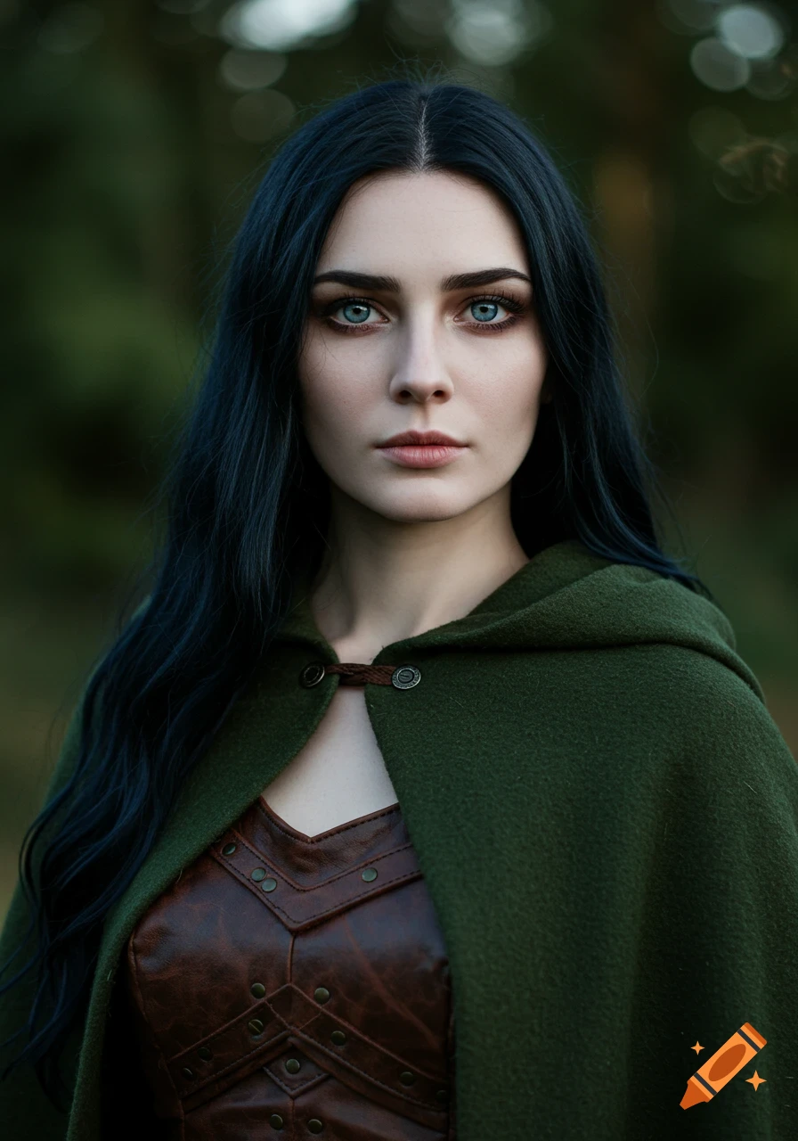 Close-up portrait of a pale-skinned woman with dark blue hair and bright blue eyes, wearing a dark green hooded cloak and a brown leather top, against a blurred forest background.