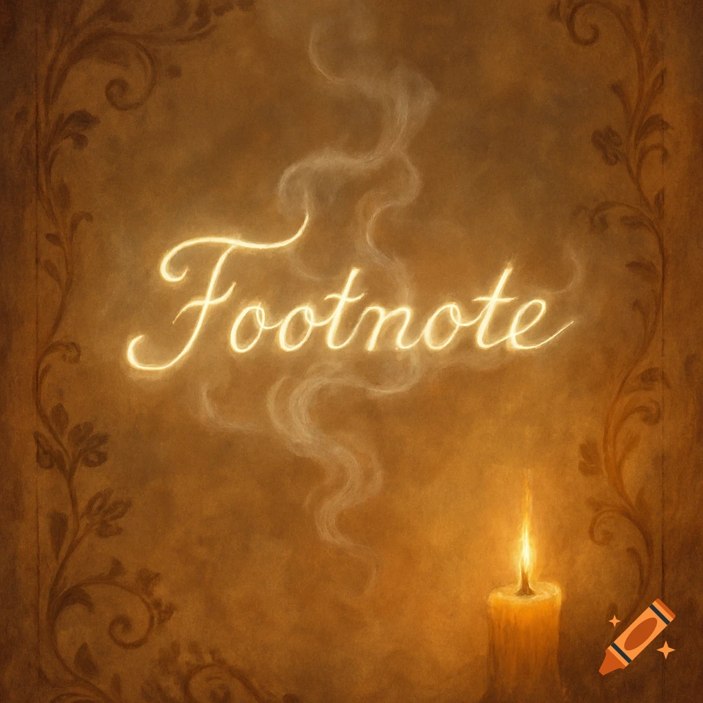 Glowing golden cursive 'Footnote' with smoke on a brown textured background and a lit candle.