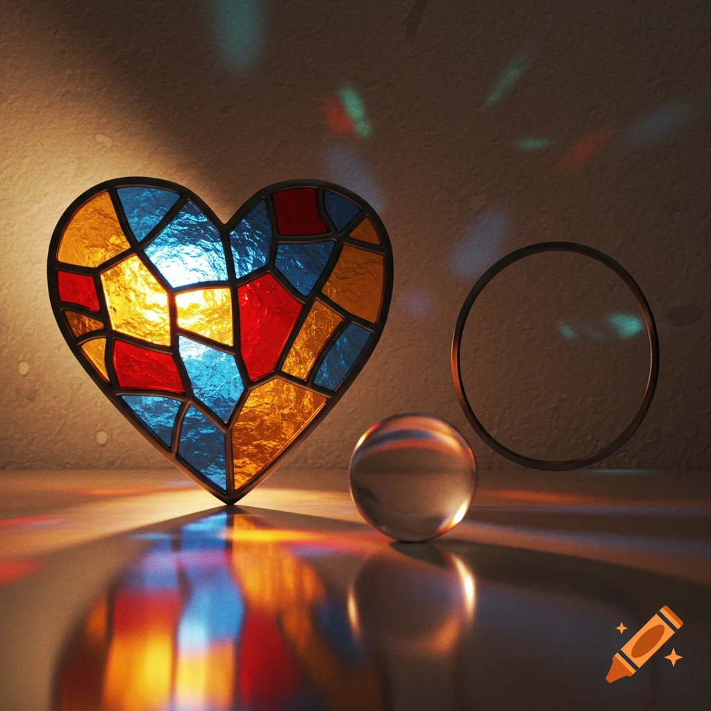 A vibrant stained-glass heart stands next to a clear sphere and a dark ring, casting colorful reflections on a surface.