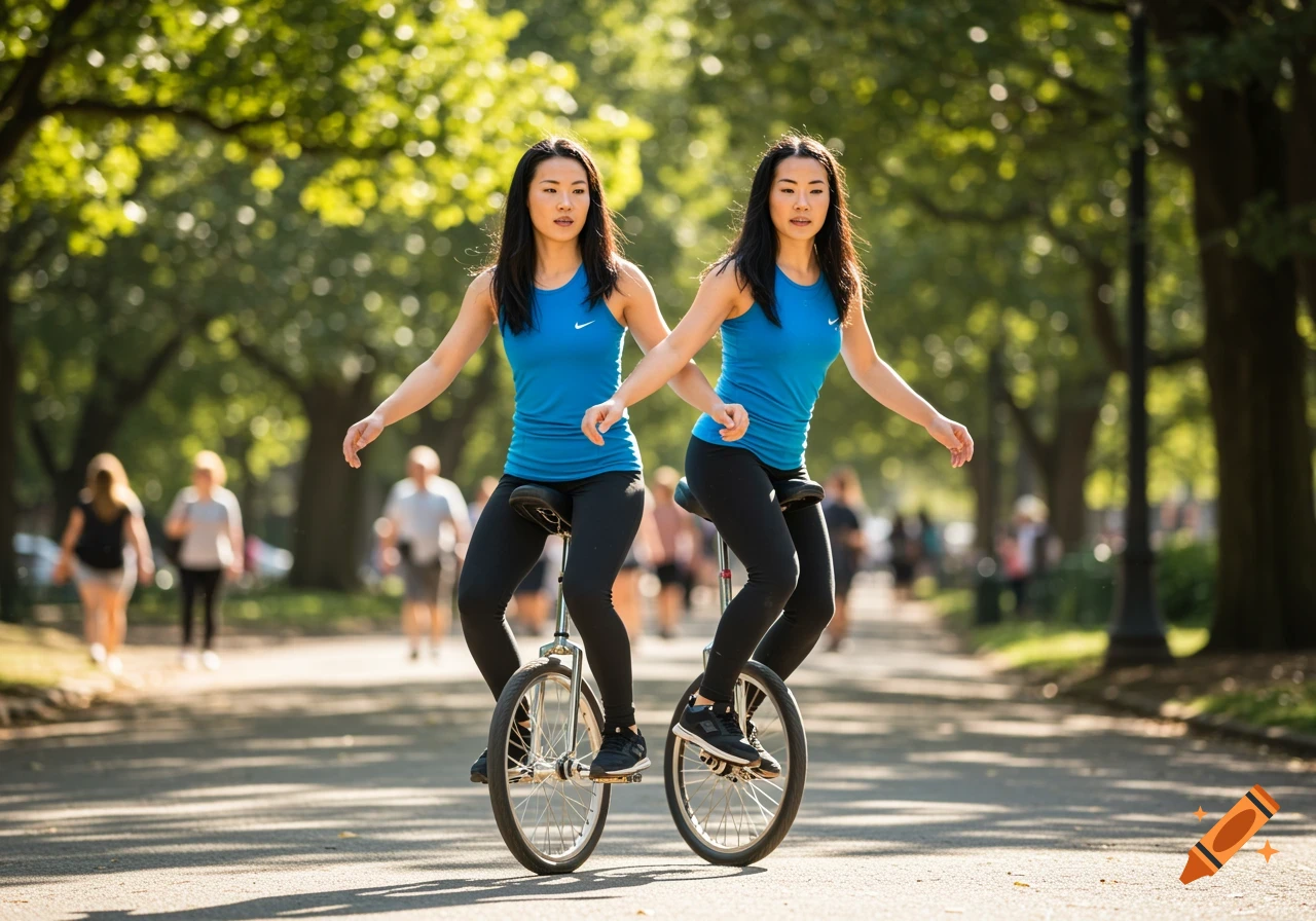 Two identical women in blue tops and black leggings ride unicycles on a paved path in a park.
