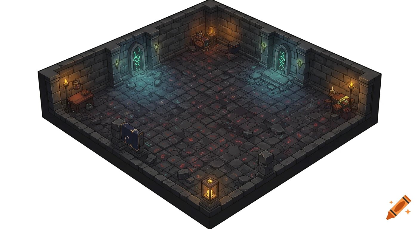 A cartoony 2.5D isometric fantasy dungeon room with stone walls, glowing green arched windows, torches, furniture, and arcane runes on the floor.