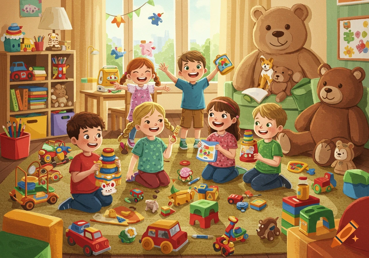 Happy children playing with various colorful toys on a rug in a bright, sunlit playroom with large teddy bears.