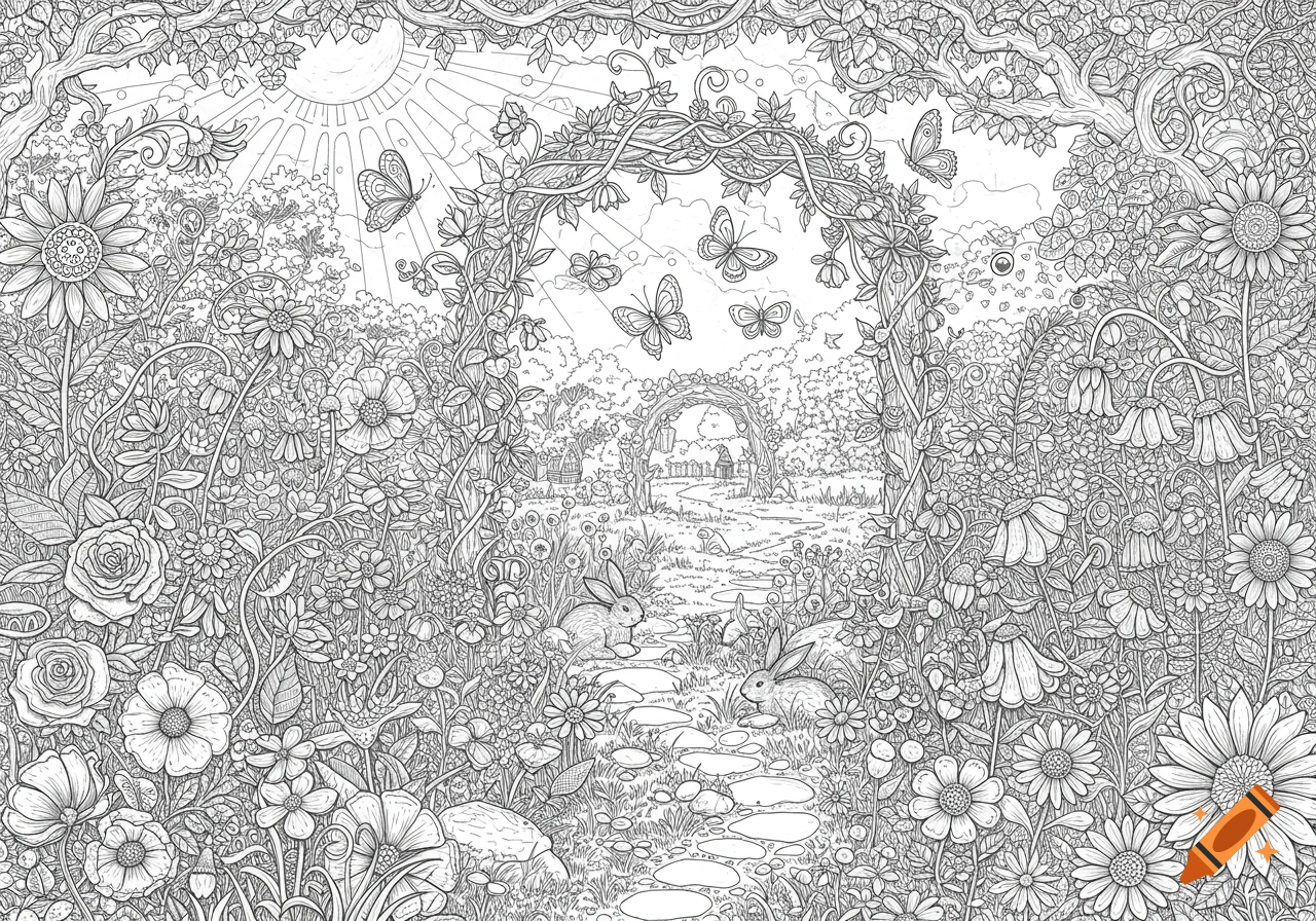 Detailed black and white line art of a whimsical garden with flowers, trees, butterflies, and rabbits on a path.