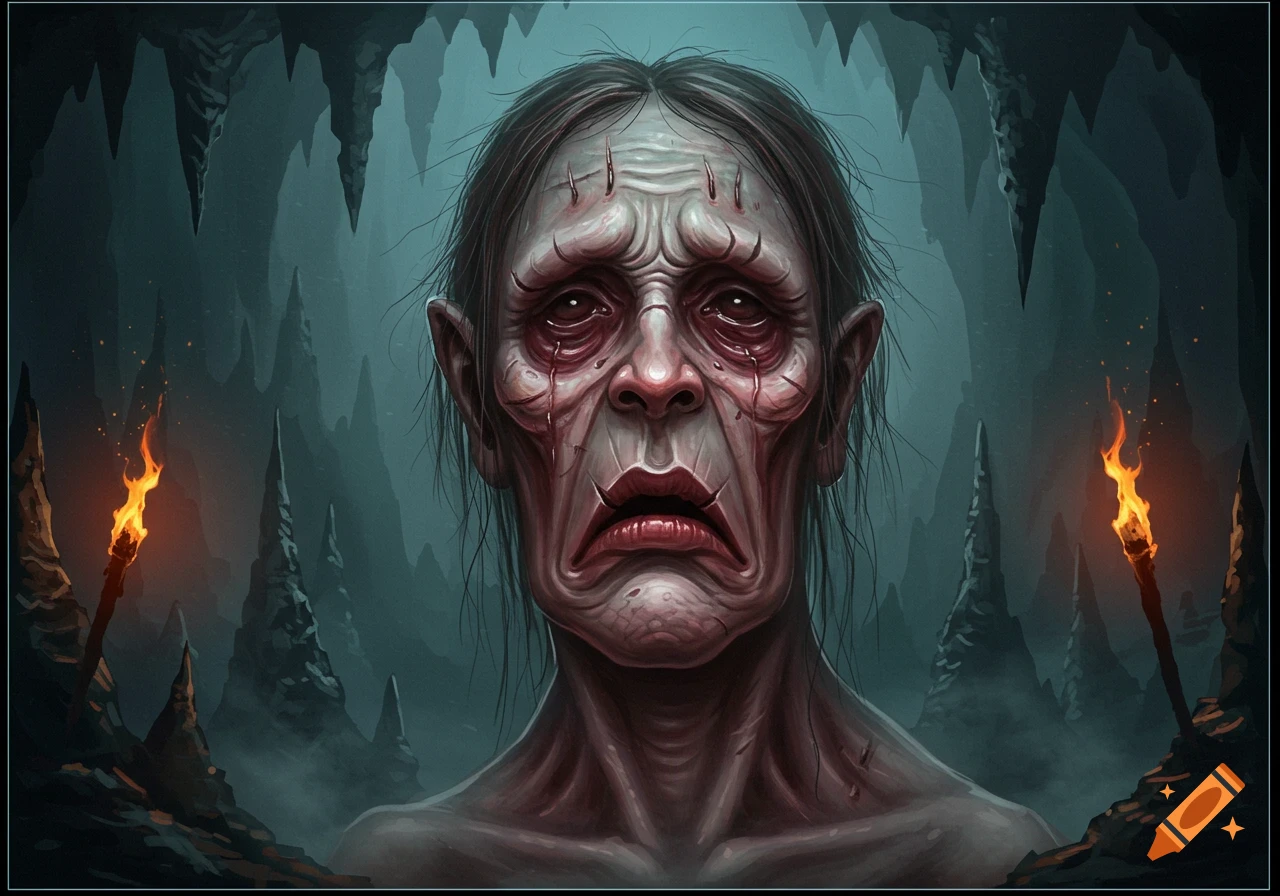 A grotesque monster with a deeply furrowed brow and mournful expression, standing in a dark, torch-lit cave.