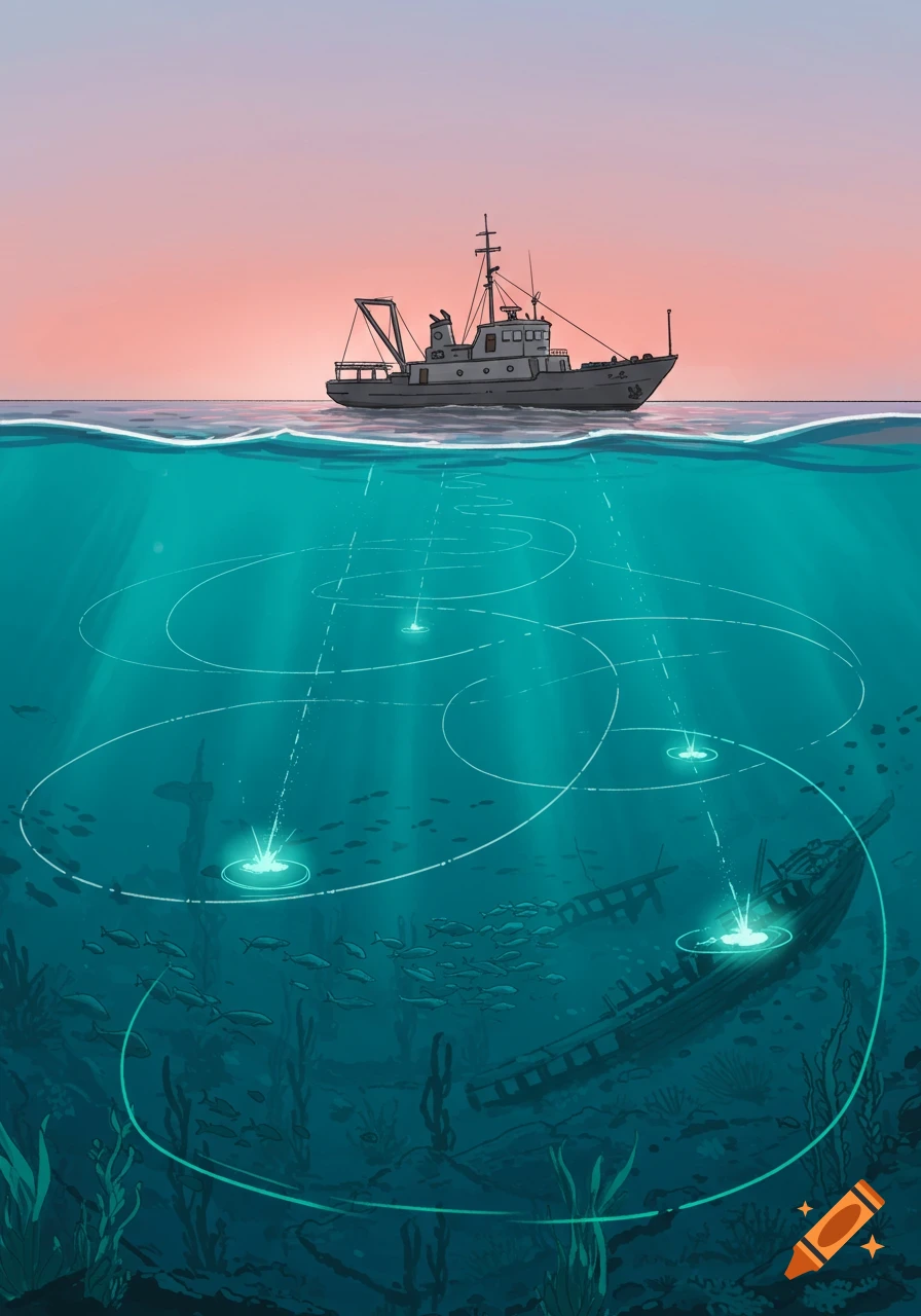 Illustration of a research vessel on the ocean surface, with sonar pings illuminating a shipwreck and fish in the deep teal water below.