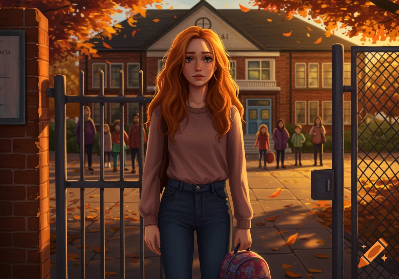 An illustration of a red-haired woman standing by a school gate with autumn leaves on the ground and children in the background.