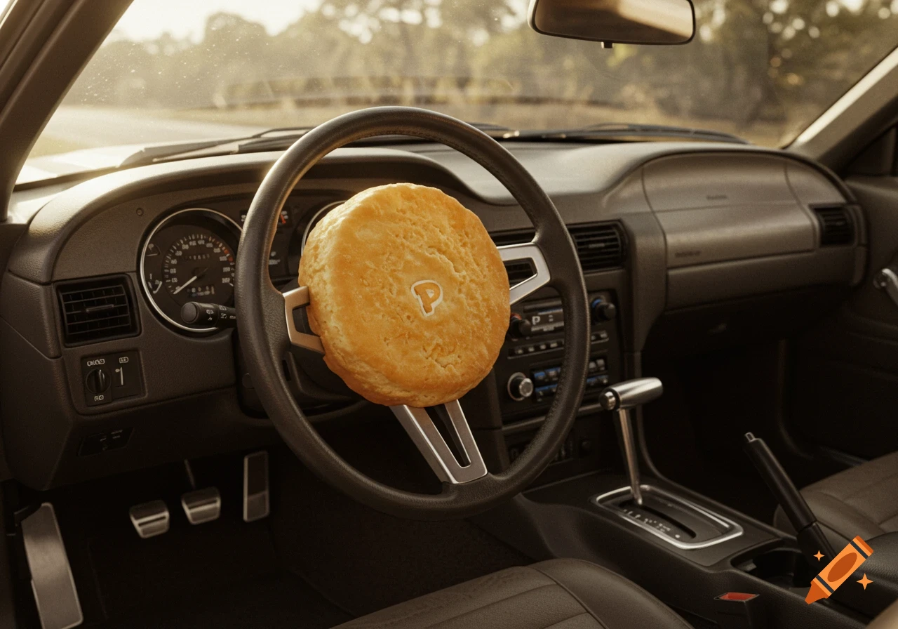 A photorealistic interior shot of a car with a Popeyes biscuit replacing the steering wheel.