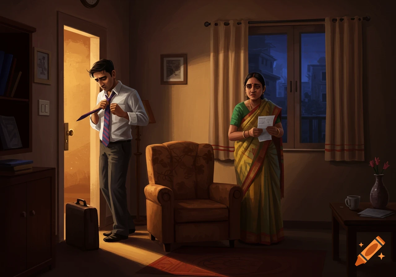 An Indian man in a white shirt and tie stands in a doorway, loosening his tie, while an Indian woman in a yellow saree stands across from him holding a bill with a concerned expression in their middle-class flat.