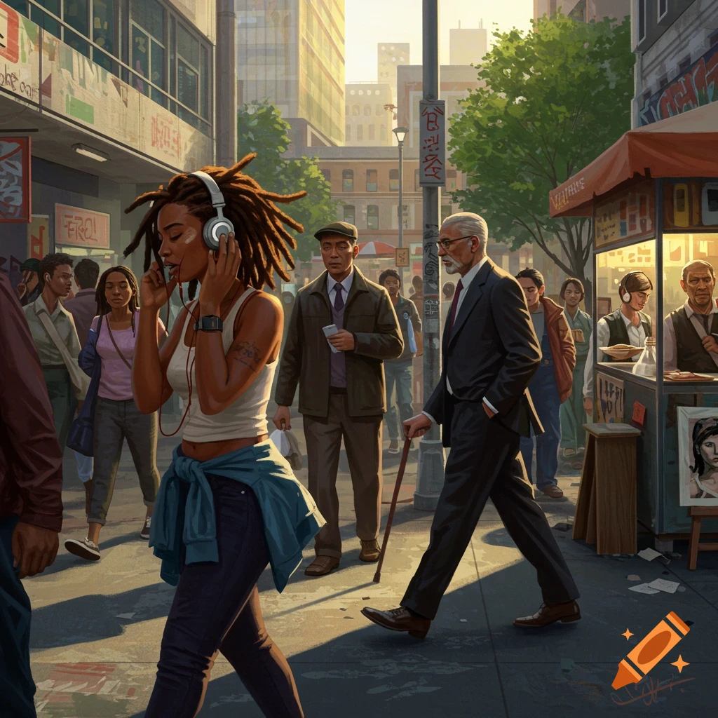 A vibrant, illustrative street scene depicts diverse pedestrians walking in a bustling city, with tall buildings under a bright sky.