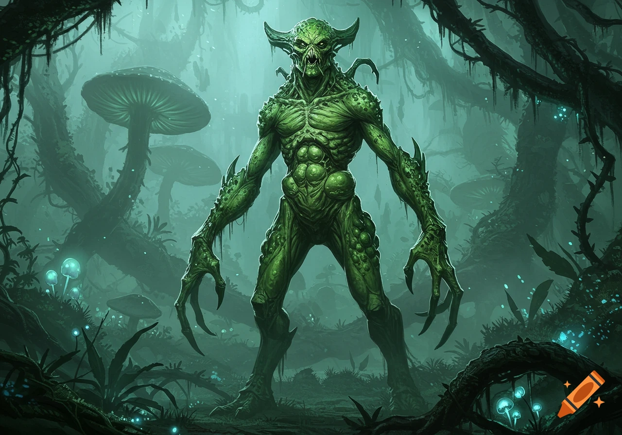 A green, grotesque horned creature stands in a dark, mysterious fantasy forest with glowing mushrooms.