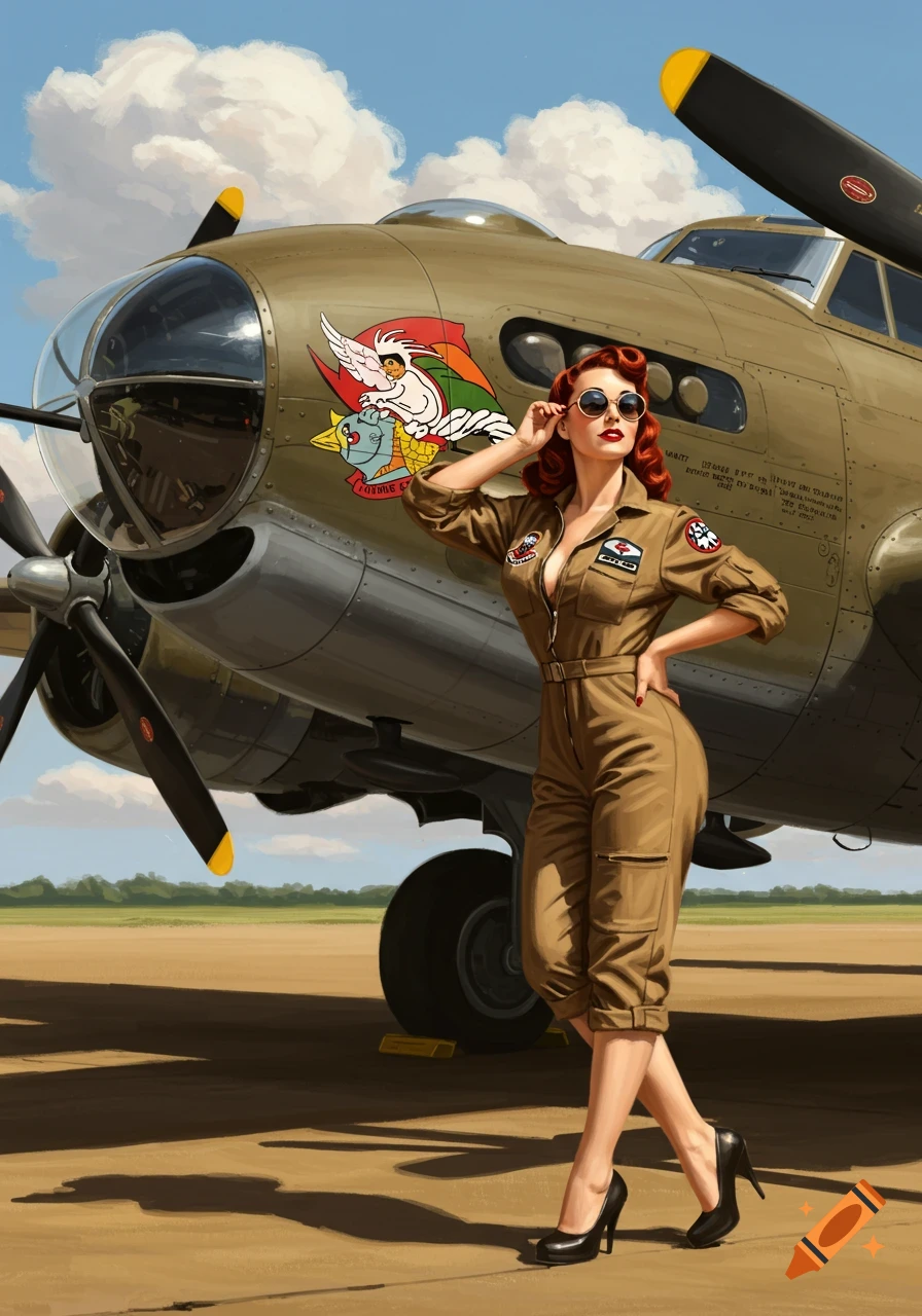 A red-haired woman in a pilot jumpsuit and sunglasses poses in front of a vintage WW2 bomber plane in pin-up art style.