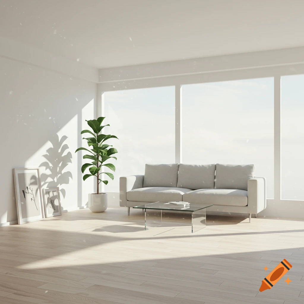 A modern, minimalist living room with white walls, a large window, a light gray sofa, a glass coffee table, and a potted plant, with sunlight casting shadows on the light wood floor.