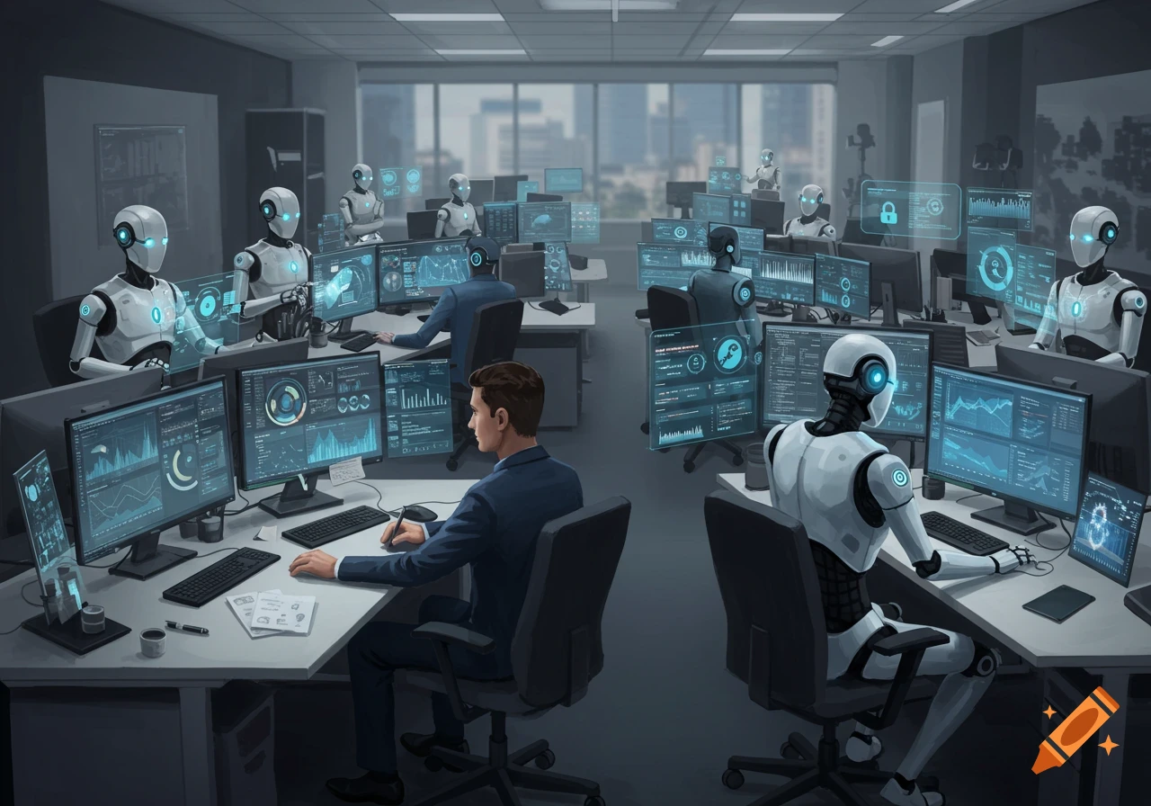 An illustration of a modern office where humans and robots work at computers with holographic data displays.