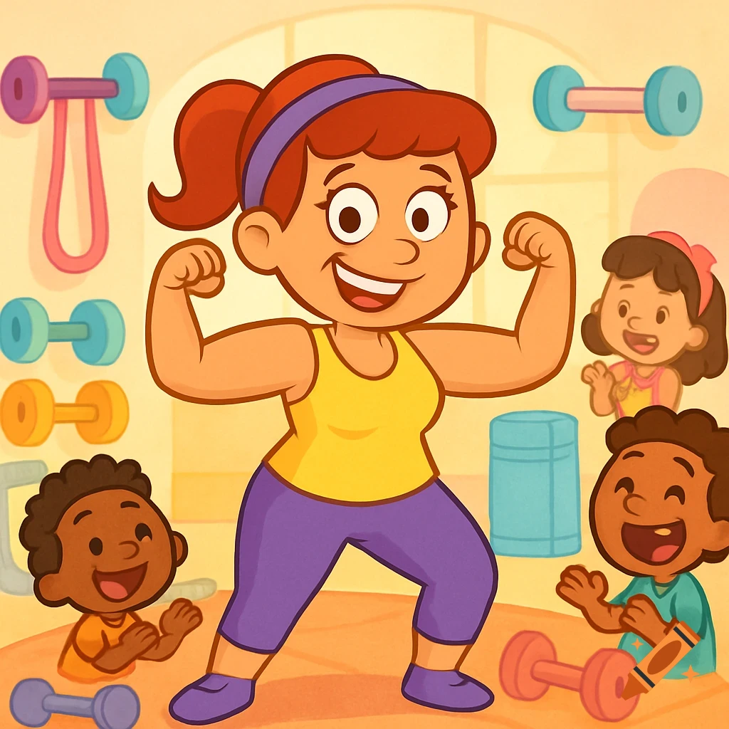 A cartoon illustration shows a mother flexing her muscles in a gym while two happy children watch. Colorful dumbbells are in the background.