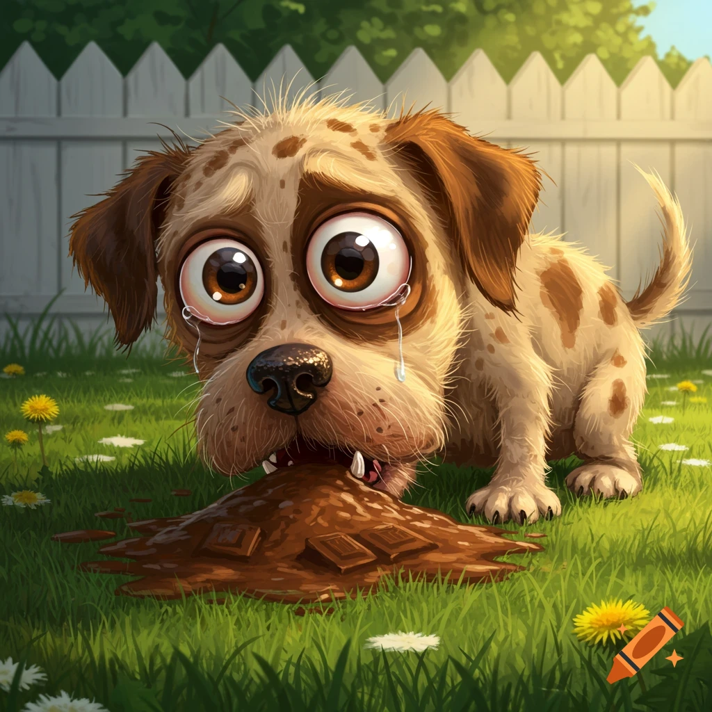 A sad, cartoonish brown and white puppy with large, teary eyes crying while vomiting a pile of chocolate in a grassy backyard.