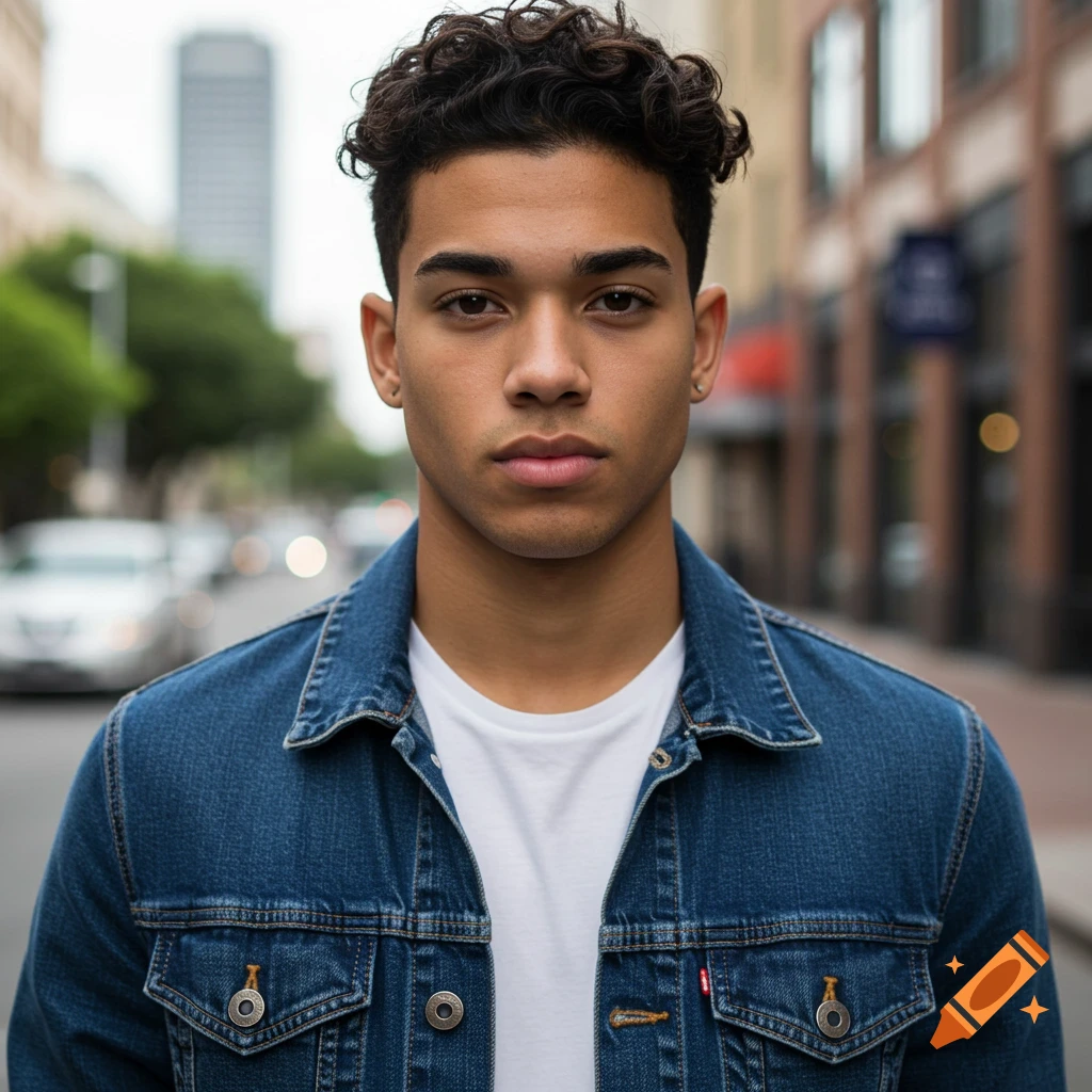 Close-up photorealistic portrait of a young man with curly hair wearing a denim jacket on a city street.