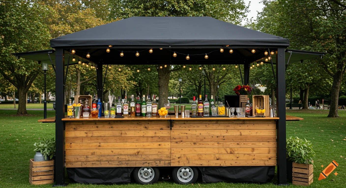 A mobile wooden bar with a black canopy and string lights, laden with alcohol bottles, in a green park.