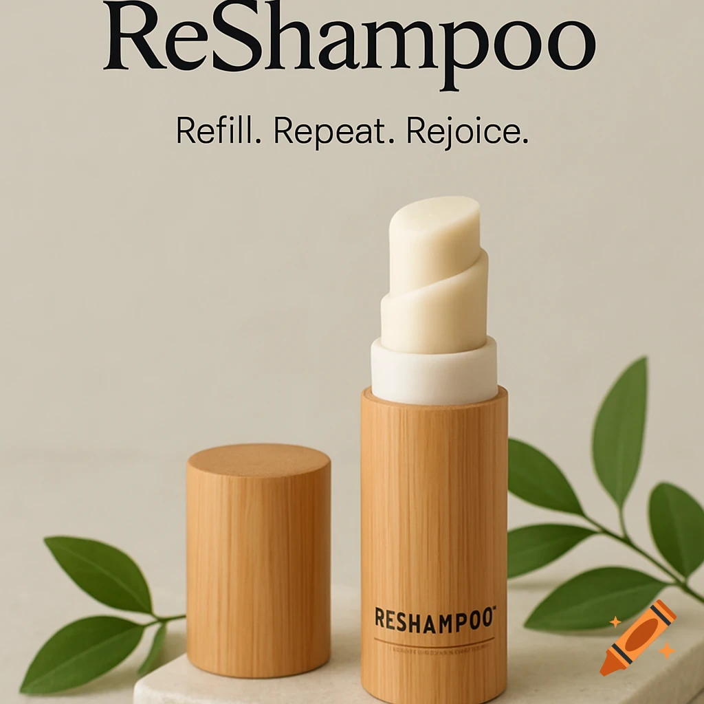 Minimalist advertisement for ReShampoo, featuring a bamboo refillable shampoo stick container on a stone surface with green leaves. Text 'ReShampoo Refill. Repeat. Rejoice.' is visible.
