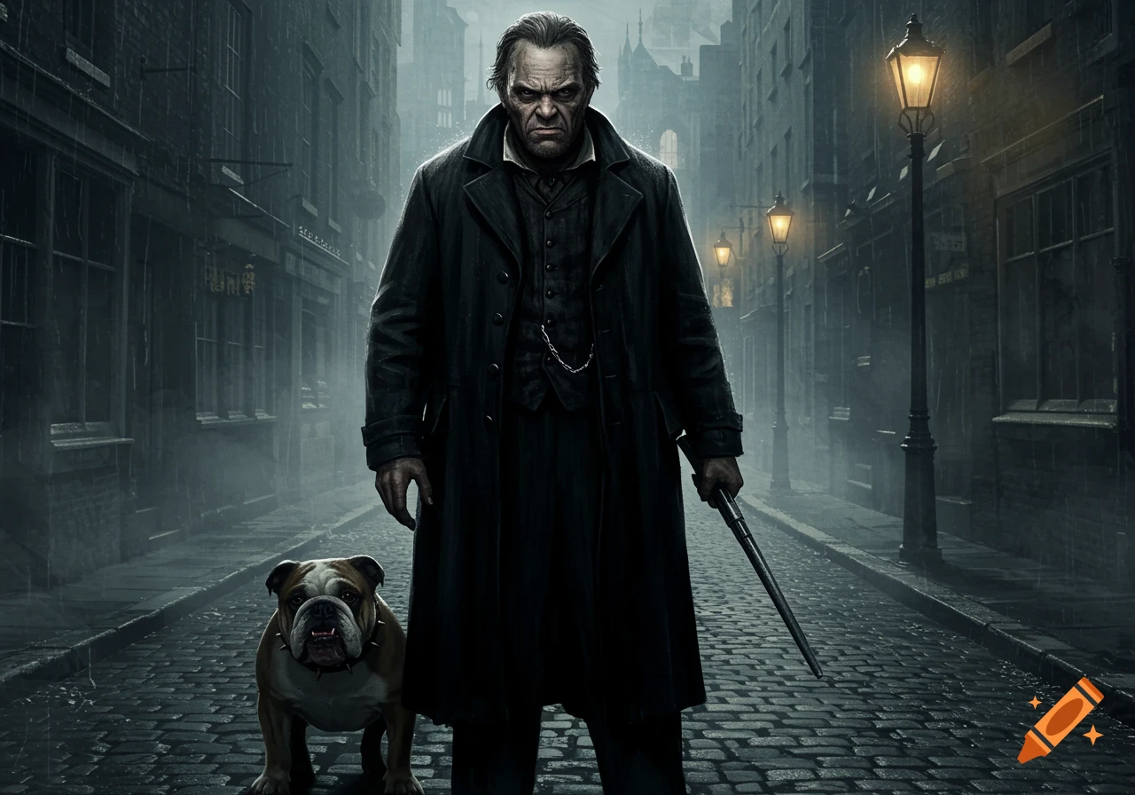 A stern man in a long coat stands with a bulldog on a wet, cobblestone street in a dark, rainy city at night.