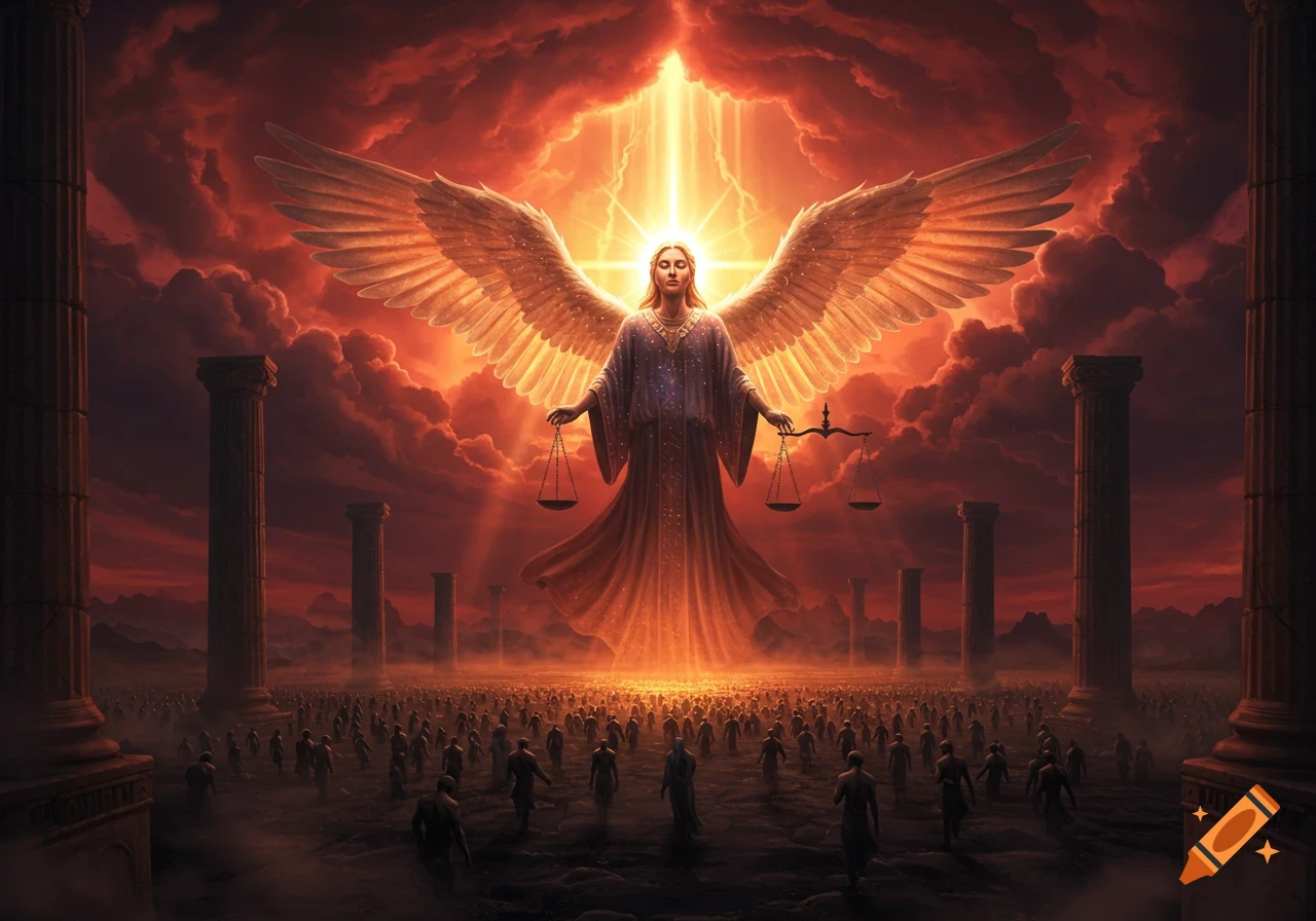 An angelic being with outstretched wings holds scales above a vast crowd under a dramatic red sky with golden light and columns.