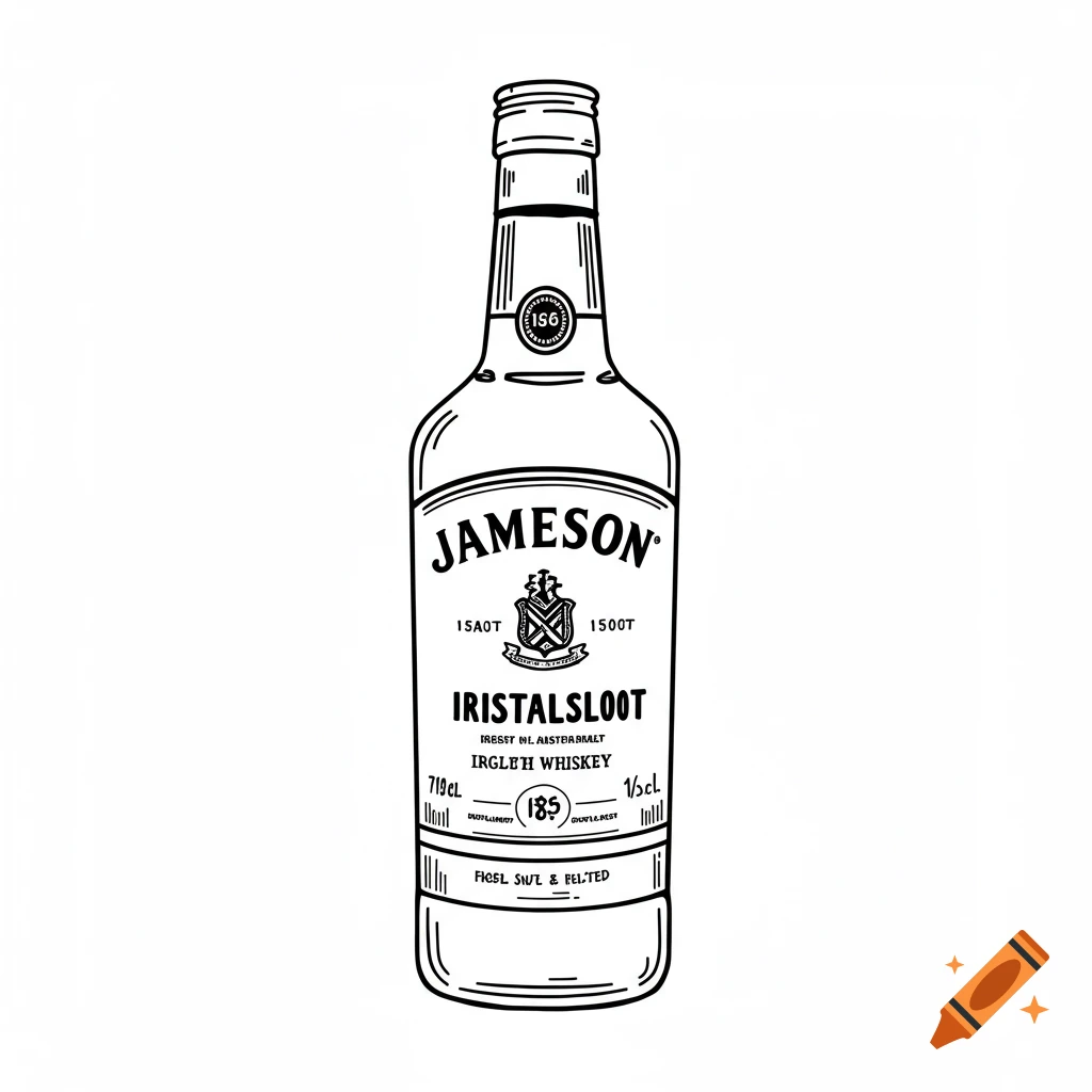 Black outline doodle of a Jameson whiskey bottle with a white label.