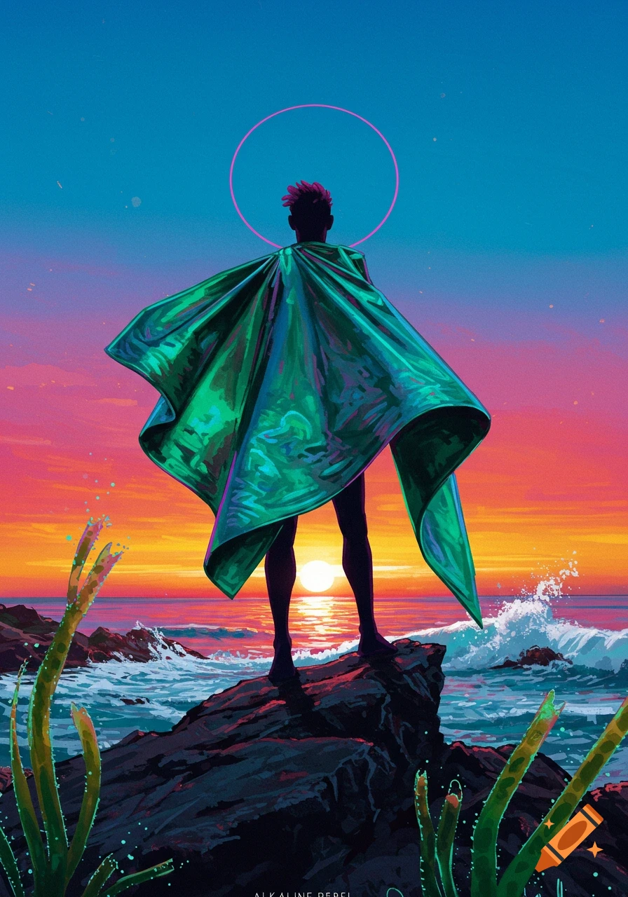 Digital art of a figure in a green cape on rocks at sunset, looking at the ocean with a pink halo overhead.