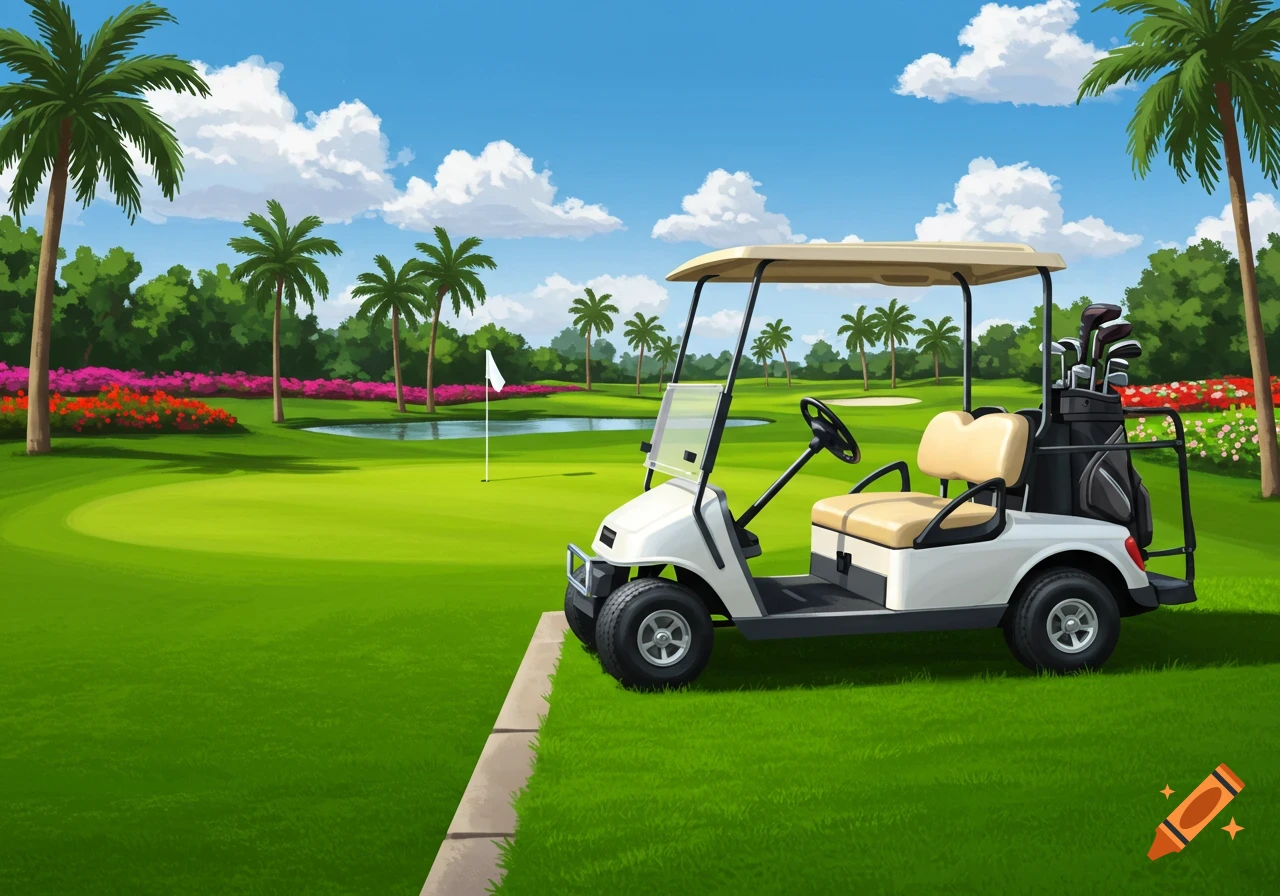 A white golf cart parked on a lush green golf course with palm trees, a pond, and a flag on the green under a blue sky.