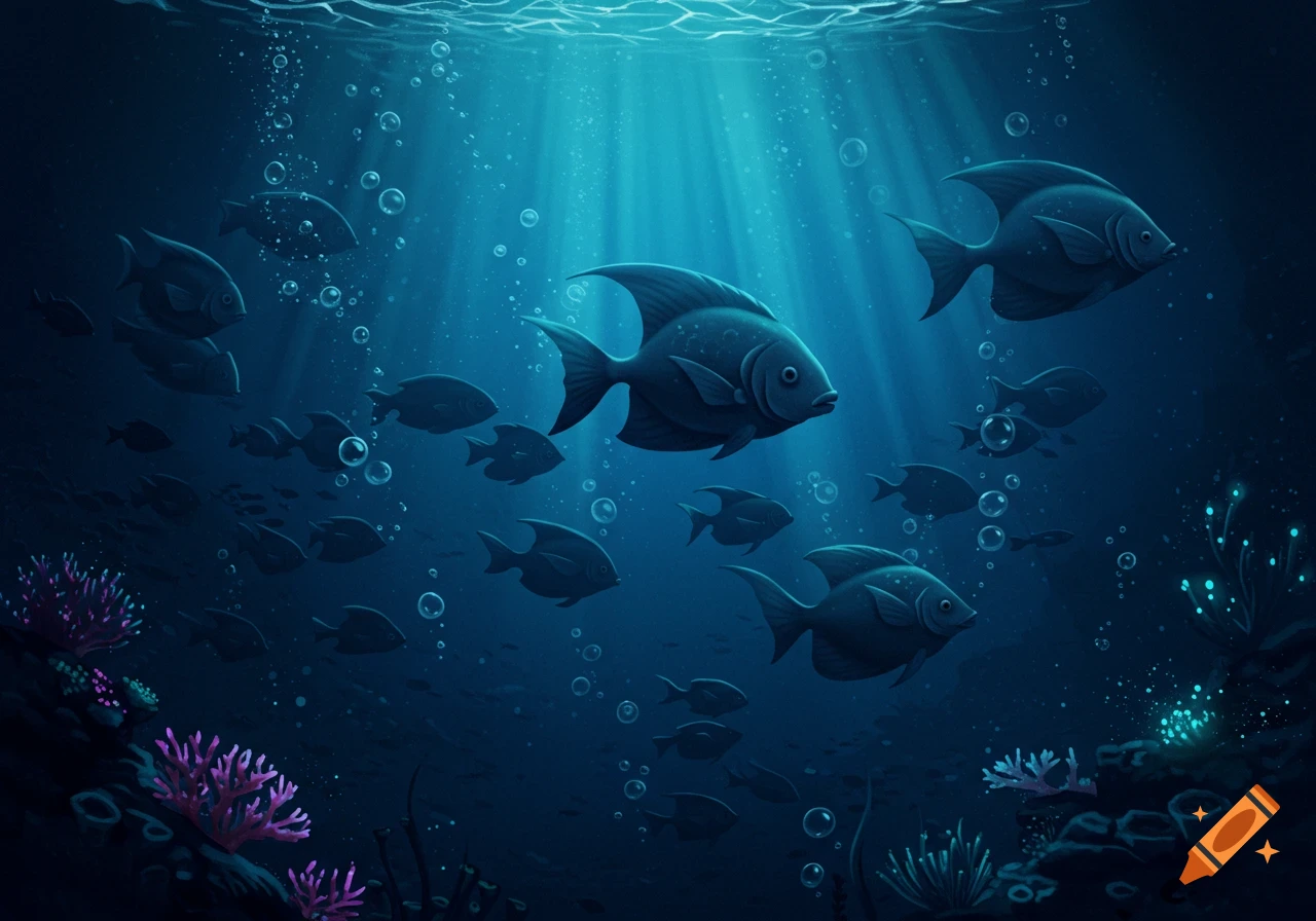 Stylized illustration of fish swimming in dark blue deep water with light rays and coral.