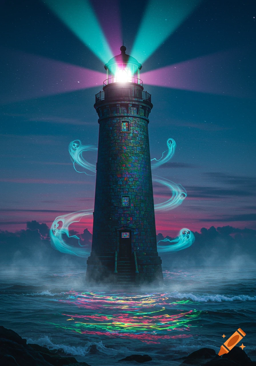 A mystical lighthouse at night, casting vibrant teal and purple light beams onto choppy waters with colorful reflections, surrounded by glowing spectral figures.
