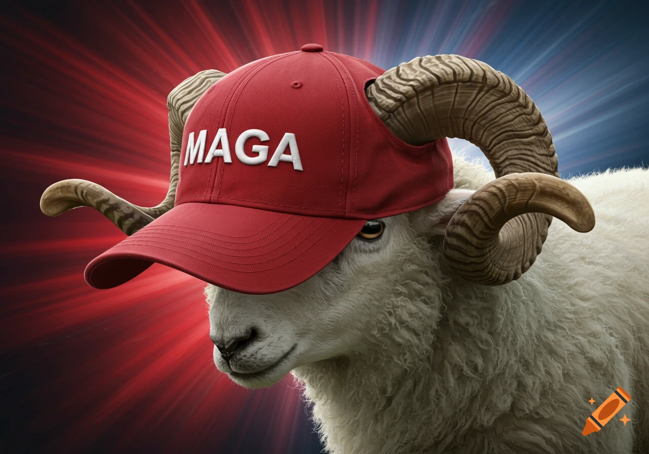 A ram wearing a red baseball cap with 'MAGA' written on it, its horns protruding through the hat, against a red and blue background.