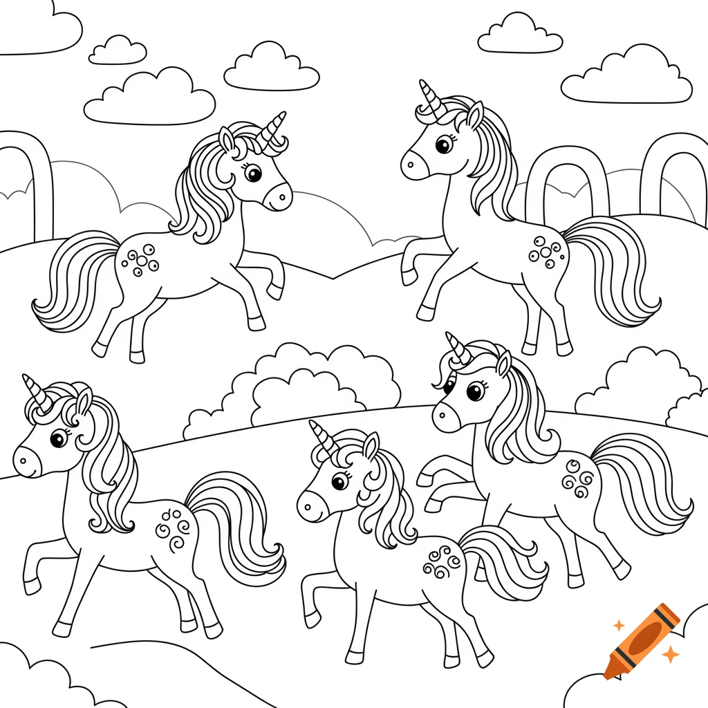 Line art drawing of five cutesy unicorns in a hilly landscape with clouds, in a kids' coloring book style.