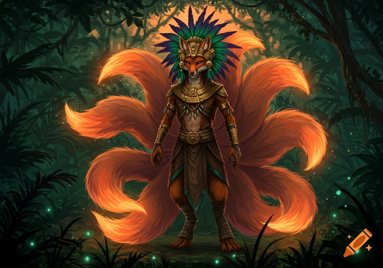 Anthropomorphic fox in Aztec-inspired armor and feathered headdress, with multiple fiery tails, standing in a glowing jungle.