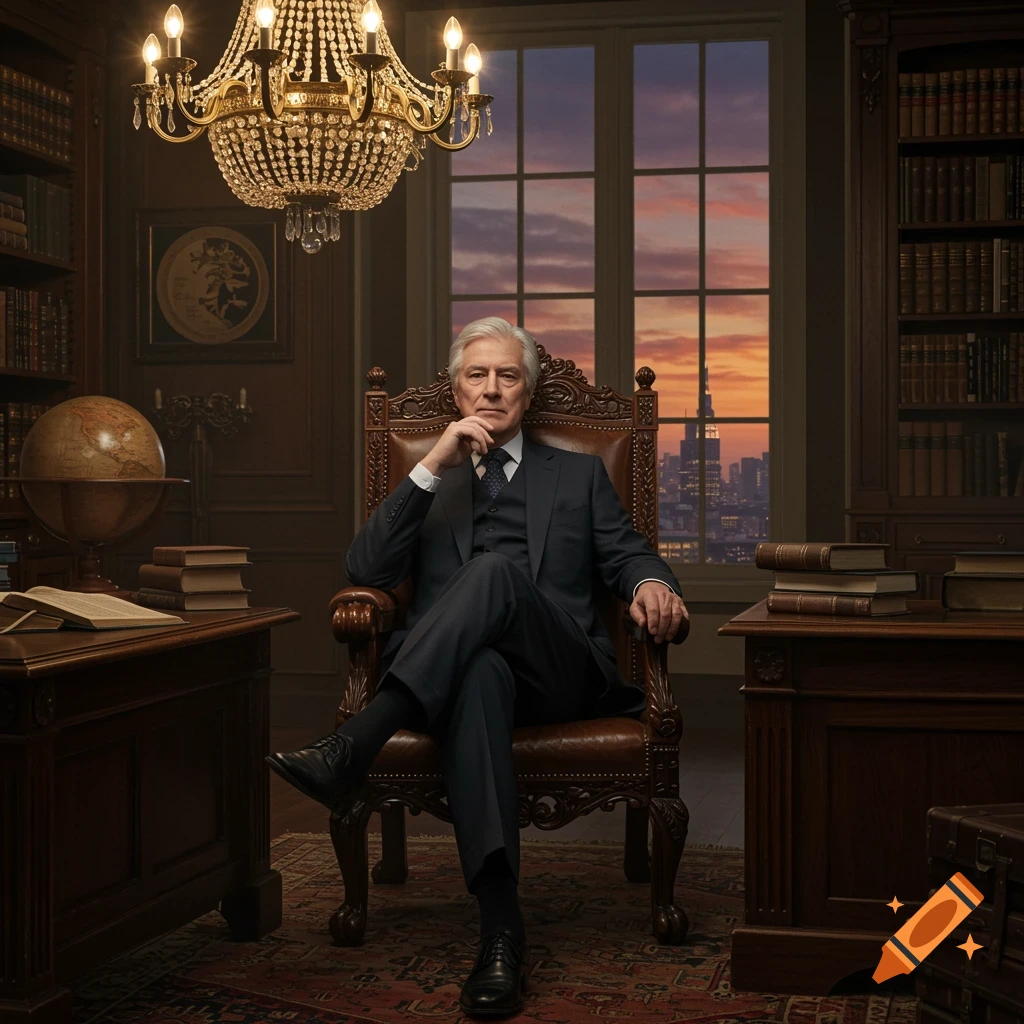 Photorealistic portrait of a distinguished older man in a suit sitting in a luxurious study with books and a city view.