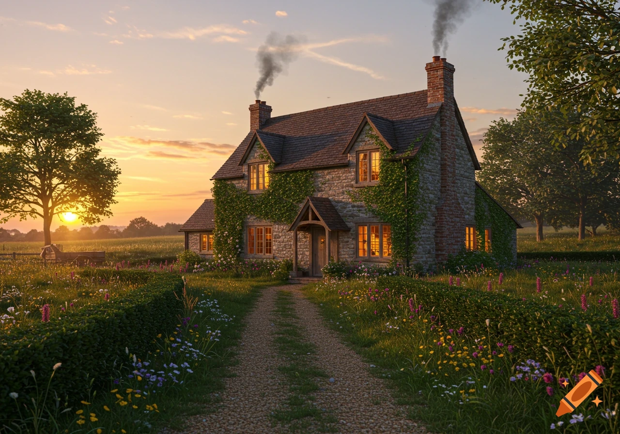A charming stone cottage with ivy and illuminated windows at sunset, surrounded by a vibrant field of wildflowers and trees.