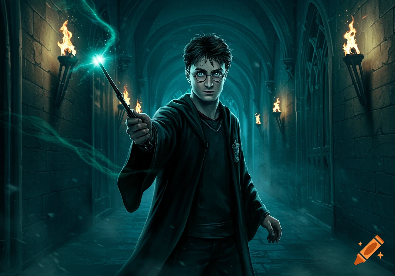 Harry Potter, in a dark robe and glasses, points a glowing wand forward in a torch-lit stone corridor. Digital illustration.