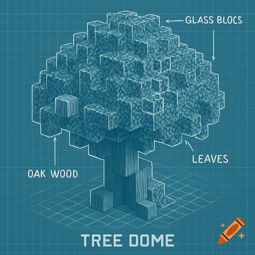 Minecraft tree dome blueprint showing glass blocks, leaves, and oak wood, with text labels and arrows.